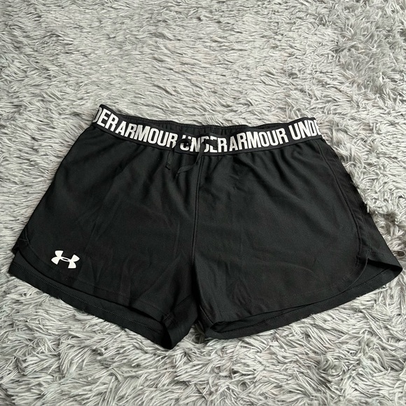 Under Armour Shorts Womens Small Running Athletic Workout Black White Drawstring - Picture 1 of 6